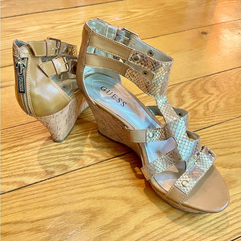 Guess platform wedge bootie heels. Gold, zippered backs.  3.5” heel. Size 7.5